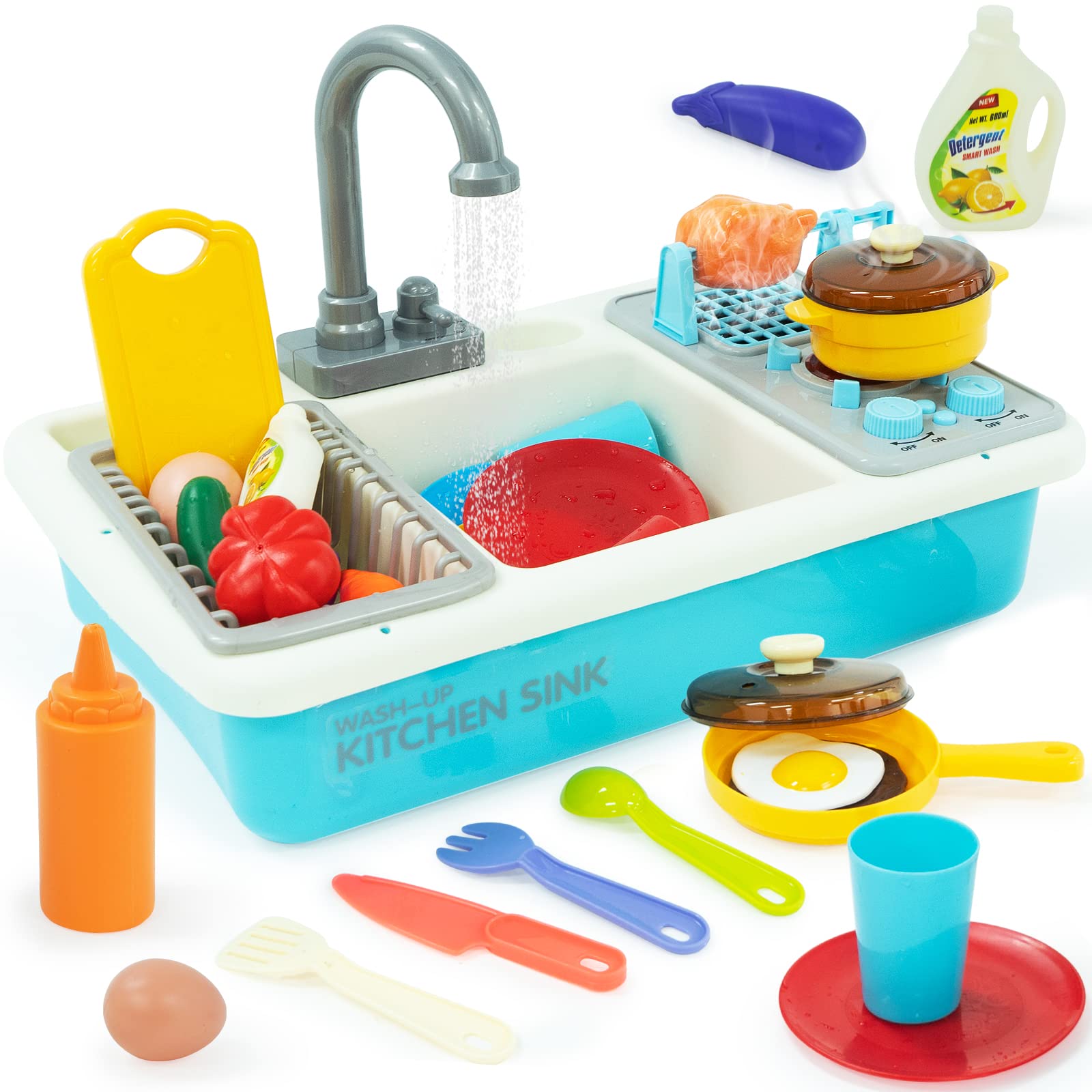 Kitchen Sink Toys Pretend Role Plays Dishwasher Toy with Running Water Automatic Water Cycle System and Kitchen Accessories Play Cooking Stove Barbecue Function Play Food Best Gift for Boys Girls