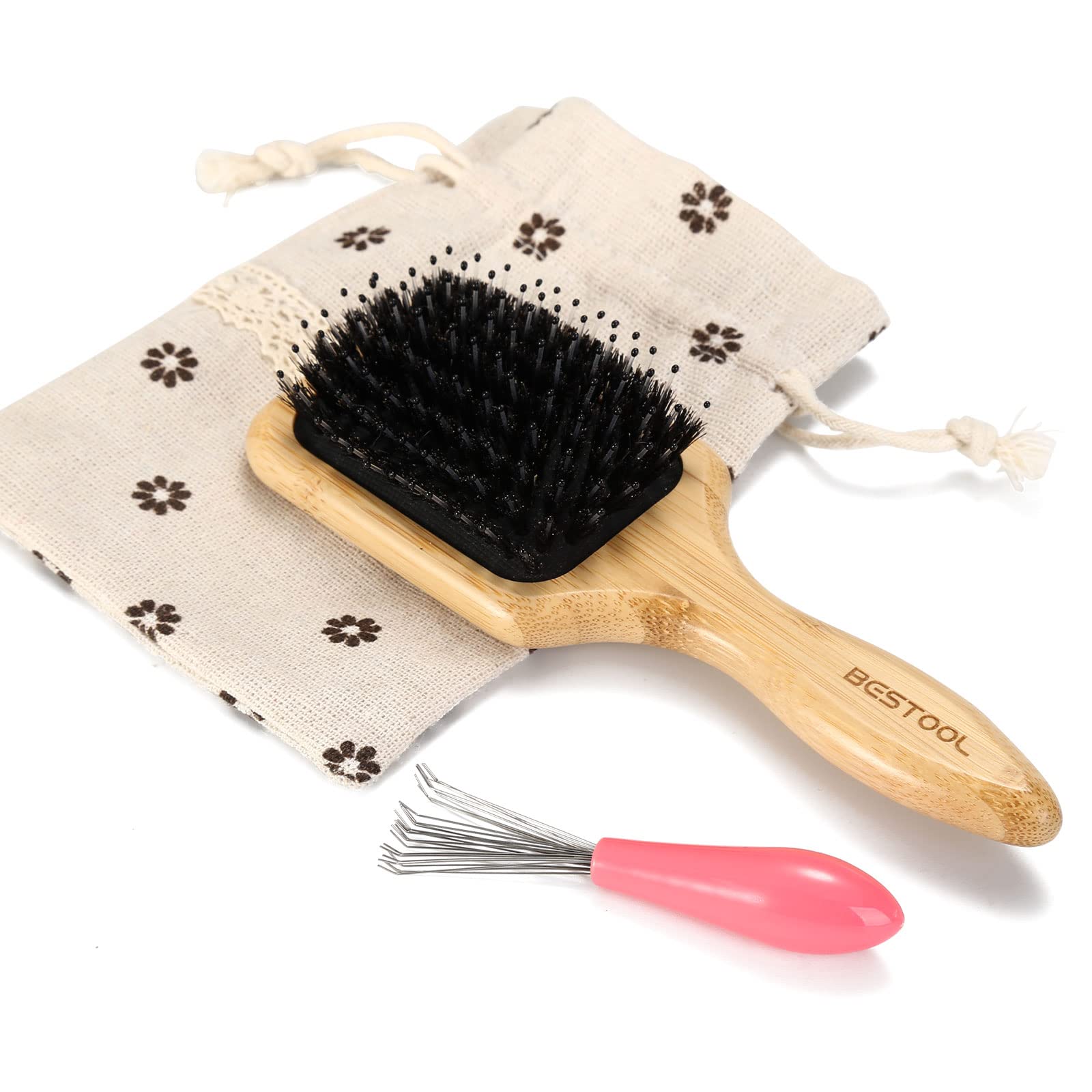 Hair Brush, BESTOOL Small Travel Hair Brush for Women, Men or Kids, Boar Bristle Hairbrush for Detangling, Defrizz, Distribute Oil All Wet or Dry Hair (Square)