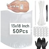 Poultry Shrink Bags - 50 Pack 13x18" Clear Heat Shrink Wrap Bags, BPA Free Poultry Freezer Bag with Zip Ties,Silicone Straw, Freezer Labels and Gloves for Turkey, Chicken, Rabbit