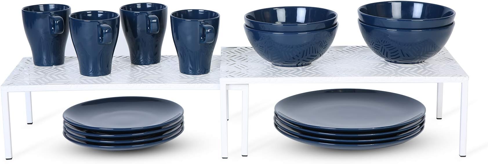 Smart Design Premium Cabinet Storage Shelf - Large Expandable (16-32 x 10 Inch) - Steel Metal Wire - Cupboard, Plate, Dish, Counter & Pantry Organizer Organization - Kitchen [White Geo]