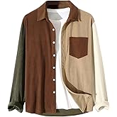 SHENHE Men's Corduroy Button Down Shirt Jacket Color Block Long Sleeve Shacket with Pocket