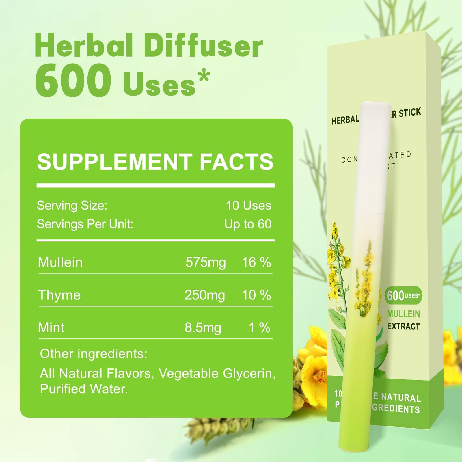 Mullein Herbal Diffuser Upgraded with Extracts of Mullein, Thyme and Mint for Cleansing Lungs, Improving Breathing and Oral Air Freshening- 2 Stick, 2 Pack