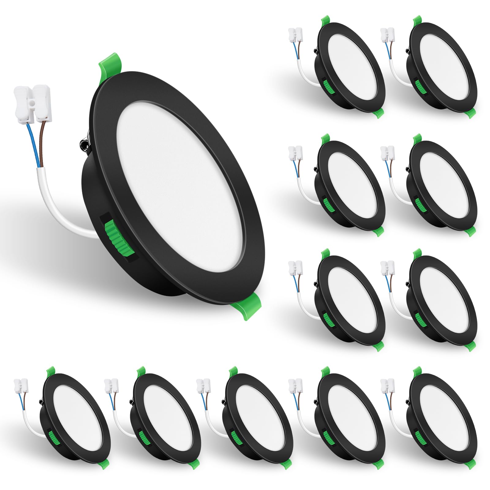 ALUSSO LED Recessed Ceiling Lights, 7W 480LM LED Downlights Dimmable, 30MM Ultra Slim Round Black Spotlights, Warm White/Neutral White/Cool White Adjustable, IP44 Waterproof for Bathroom, 12 Pack