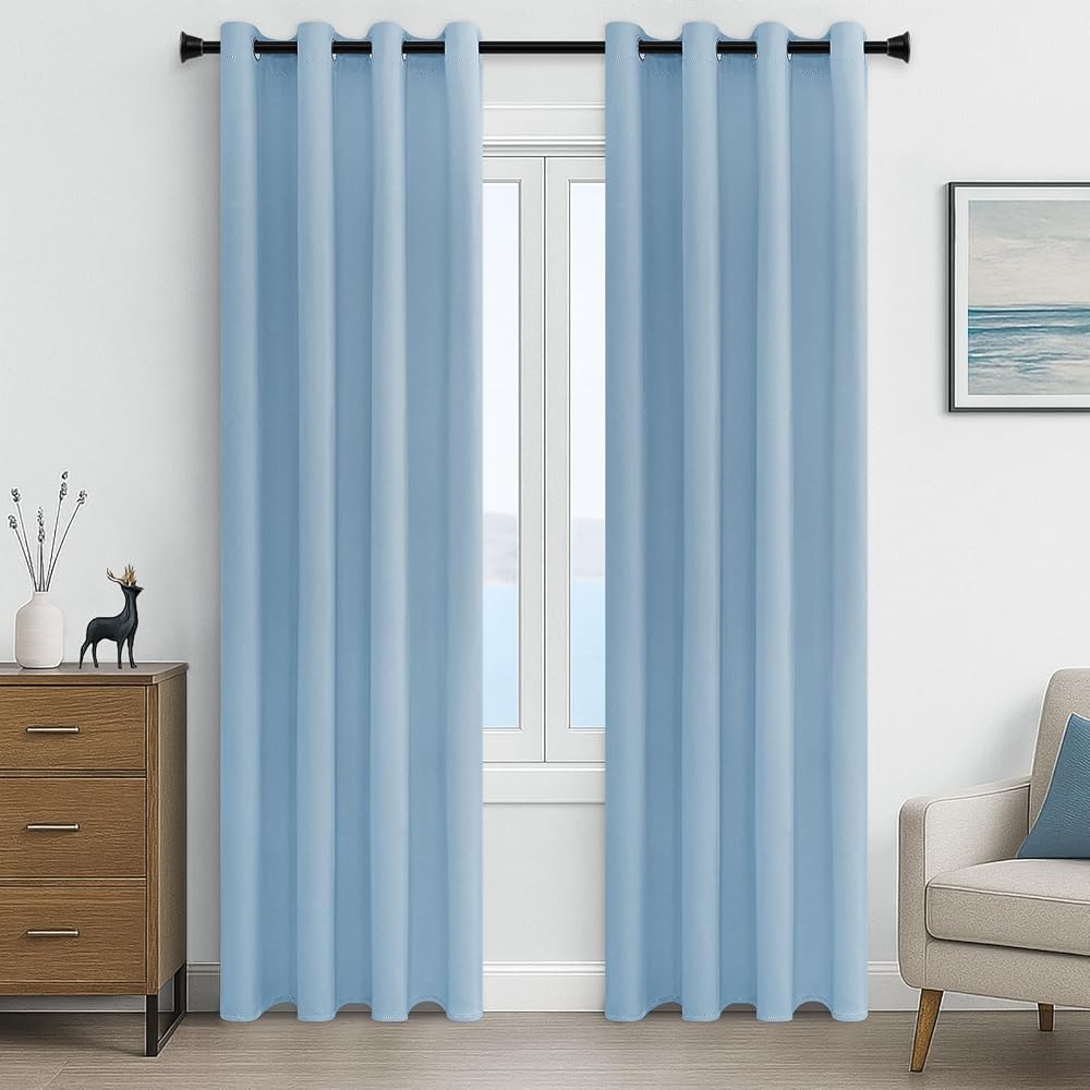 MRTREES Blackout Curtains 66x90 Sky Blue Eyelet Thermal 2 Panels Bedroom