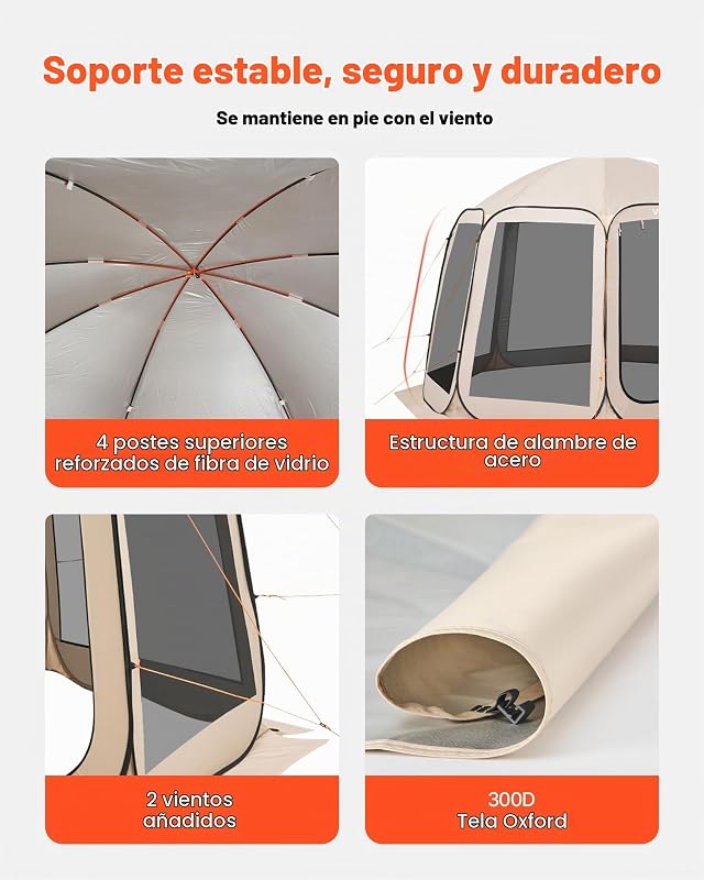 Carpa Plegable, 3660 x 3380 x 2300 mm, 10-12 Personas, con Mosquitera, Bolsa de Transporte, Laterales de Malla y Estacas para el Suelo, para Jardín, Patio y Actividades al Aire Libre, Beige