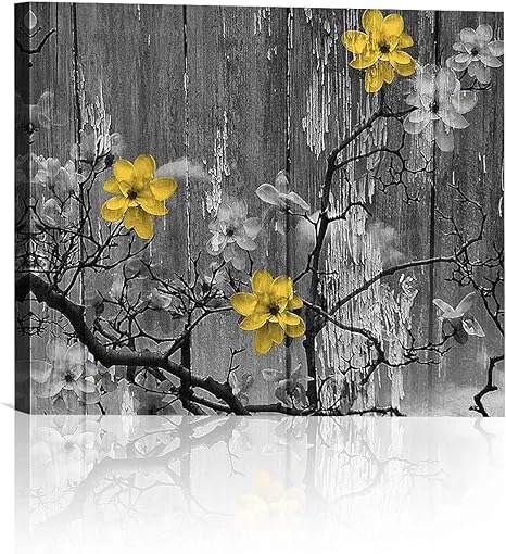 Amazon Com Yellow Grey Rustic Modern Floral Home Decor Bathroom Wall Art Canvas Artwork Picture For Living Room Bedroom 16x20 Inches Posters Prints