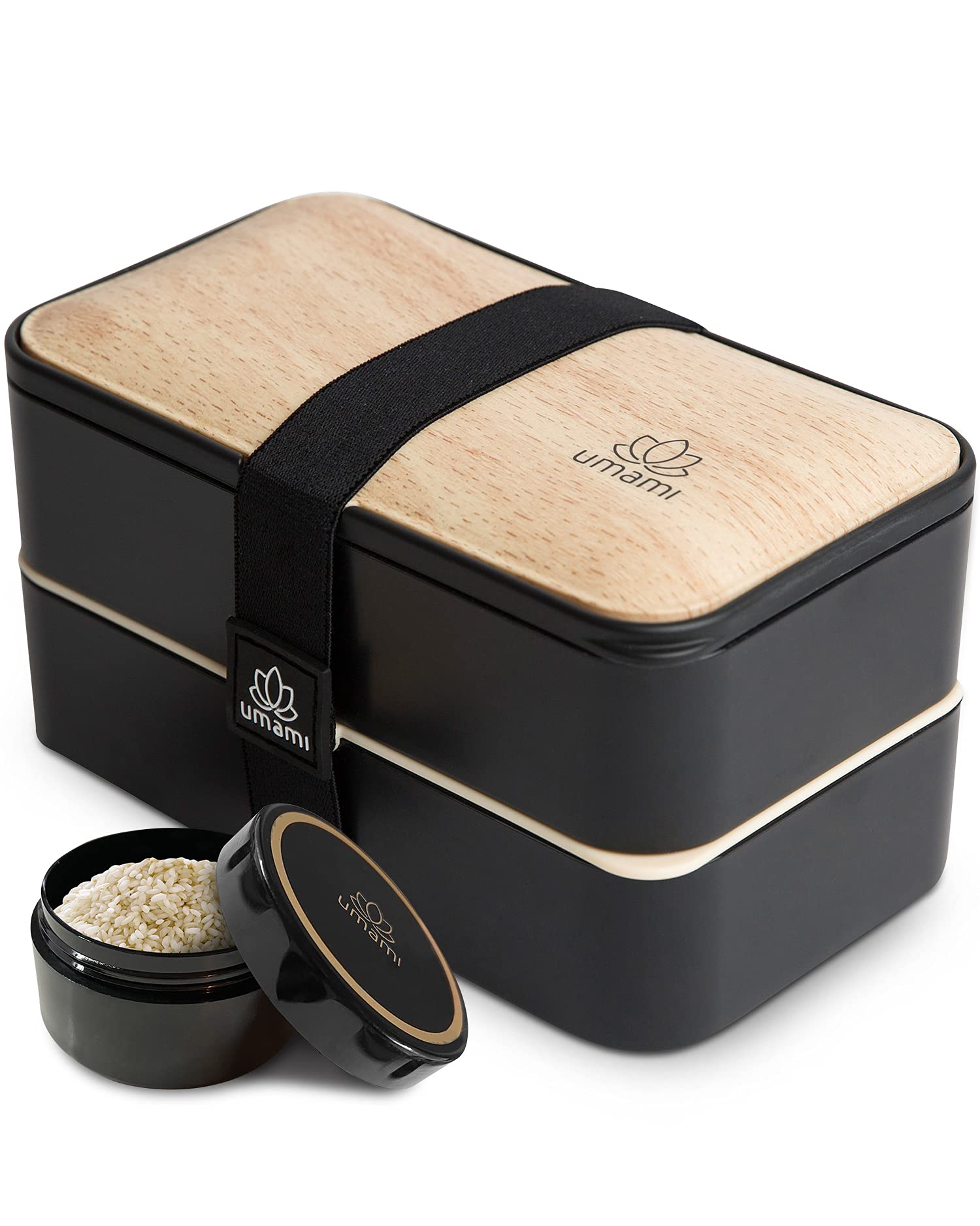 UMAMI All-in-One Bento Box for Adults/Children, 1 New Sauce Pot,4 Full Wood Cutlery Set & 2 Dividers Included, 2 Meal Prep Lunch Box Food Containers for Men/Women, Microwave, Dishwasher & Freezer Safe