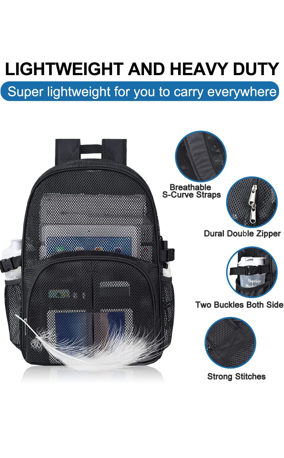 Heavy Duty Mesh Backpack for School, 22L Black Mesh School Bag with Laptop Compartment for Beach, Commuting, Swimming, Fitness, Sports (Black)