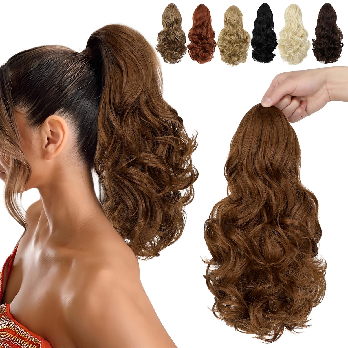 Photo 1 of FELENDY 15" Ponytail Extension Drawstring Curly Wavy Ponytail Extensions Clip in Long Pony Tails Hair Cute Synthetic Piece for Women Light Auburn