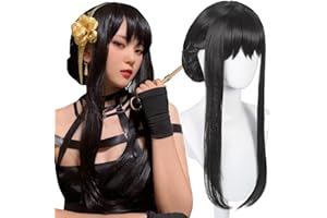 Aicos Black Buns Cosplay Wig for Anime cosplay, Black Anime Wig with Bangs for Party +Wig Cap