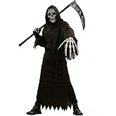 YEJINCUN Grim Reaper Costume Adults Scary Halloween Ghost Costumes for Men | Complete Grim Reaper Suit,Black Robe,Hood,Scythe,Gloves,Soft Breathable Fabric,Scary Costumes for Halloween Party Cosplay