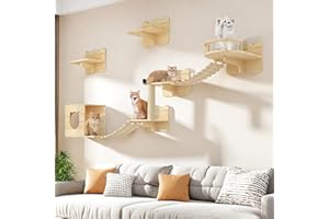 Homiflex Cat Wall Shelves, Cat Shelves and Perches for Wall, Set of 9 Wooden Cats Shelf Furniture with Scratching Post, House, Condo, Bridge Ladder for Multiple Cats