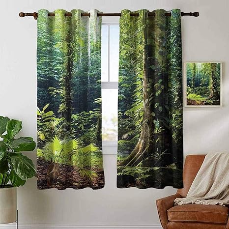 Amazon Com Rainforest Insulated Room Darkening Blackout Drapes Morning Sunbeam Through Wild Forest Ivy On Trees Tranquility In Nature Eco Blackout Curtains For Living Room W55 X L45 Inch Green Brown Kitchen Dining