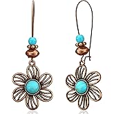 JOONL Bohemian Vintage Copper Hollow Flower Turquoise Dangle Drop Earrings Retro Tassel Floral Leverback Earrings For Women