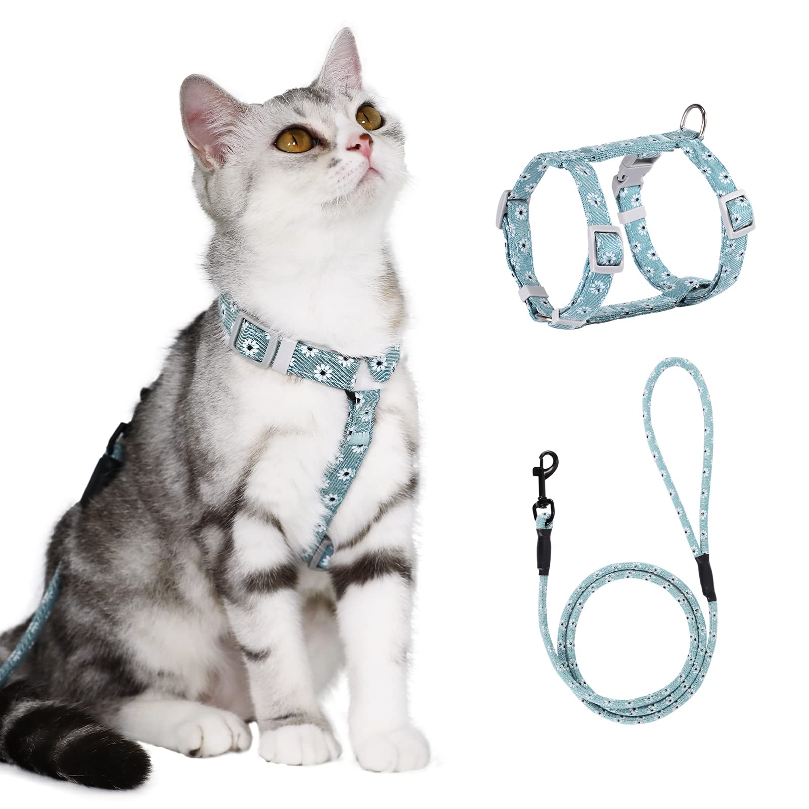 PETTOM Cat Harness with Lead, Adjustable Harness Lead Set for Cat Kitten Small Pet Outdoor Walking with Quick Buckle, Floral Design (S: Chest 18-30 CM, Blue)
