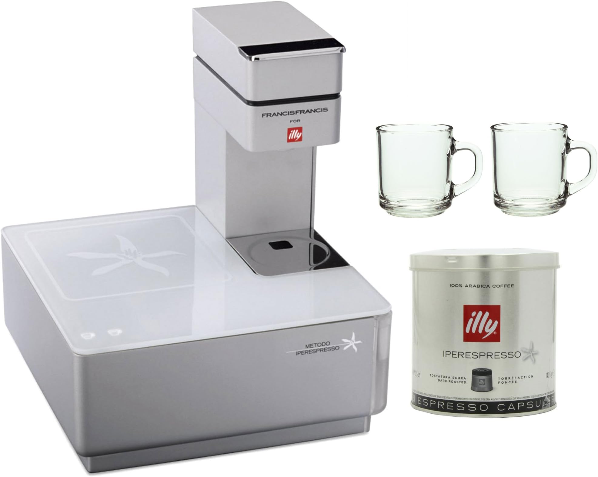 Francis Francis for Illy Y1.1 Caffe Touch iperEspresso Machine in White + Illy iperEspresso Capsules + Glass Coffee Mug 2-pcs