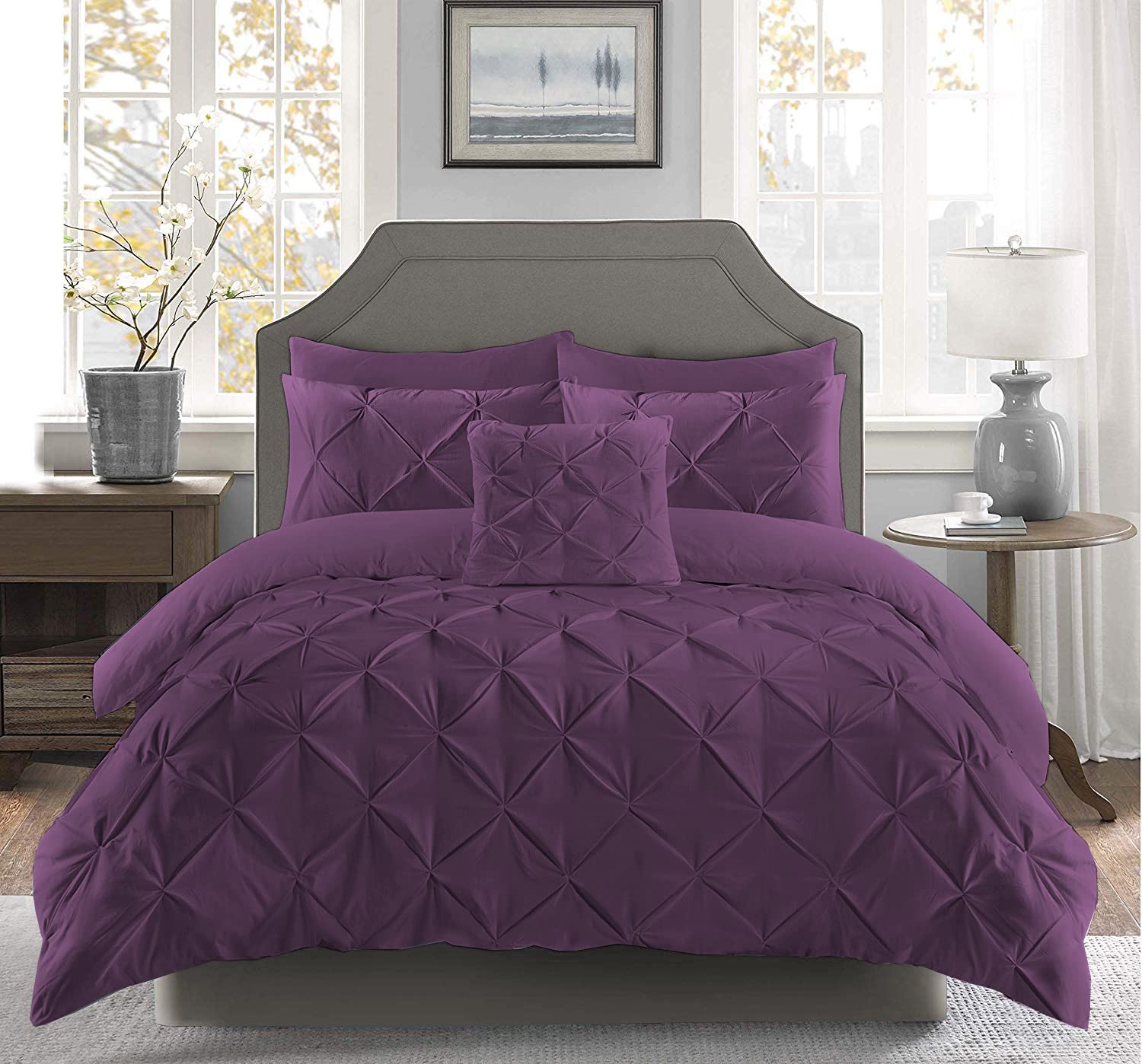 Pintuck Pinch Pleated Duvet Cover Set With Matching Pillow Cases 100% Cotton Ultra Soft Breathable Luxury Hotel Quality Quilt Bedding Cover Sets All UK Sizes (Plum, Single)
