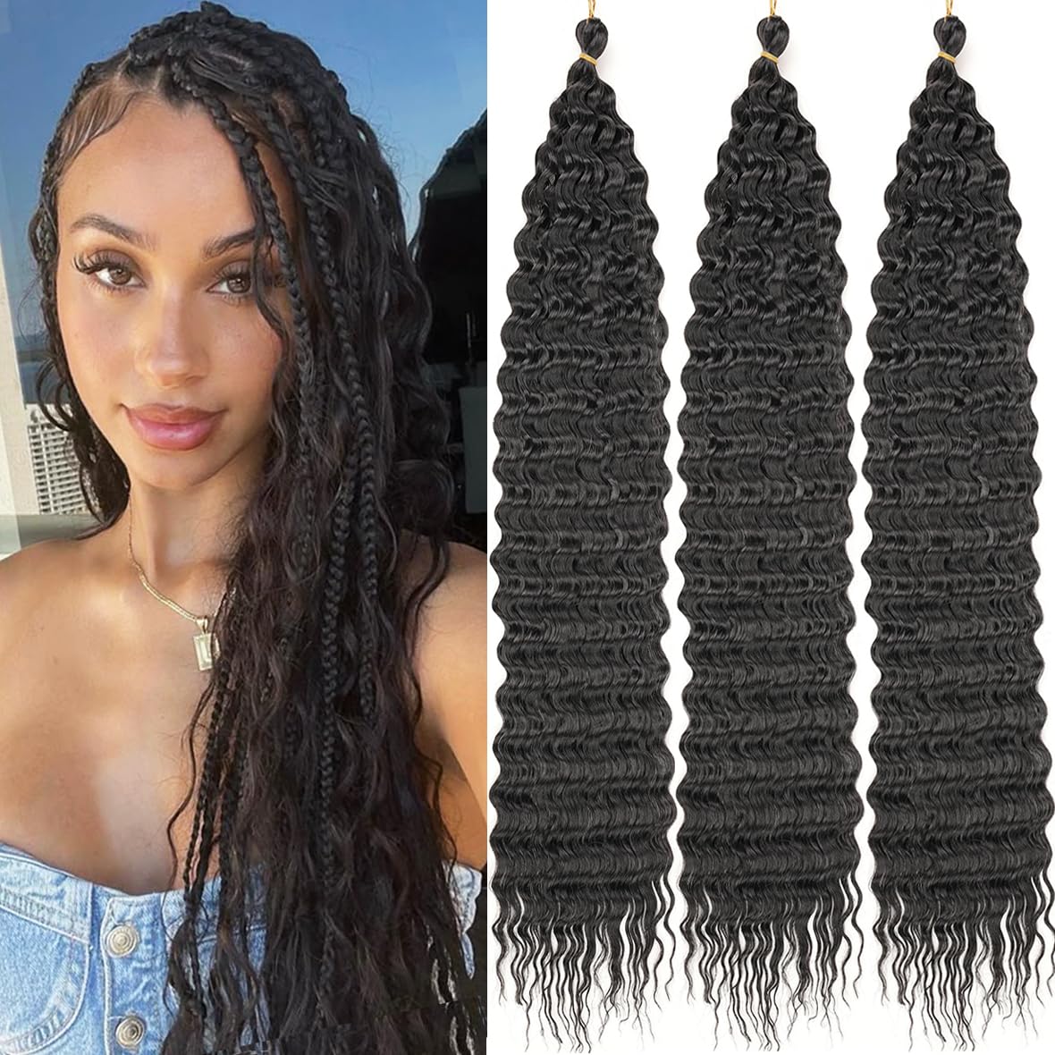 Kachanaa 30 Inch Pre-Separate Black Deep Wave Braiding Hair Extensions Synthetic Crochet Braiding Hair for Goddess Braids 3 Pack Ocean Wave Crochet Hair for Box Braids /1B# — image 1