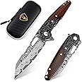 AUBEY Damascus Pocket Knife for Men, Damascus Steel Blade, Folding Knives with Wooden Handle, EDC Damascus Knife for Outdoor Camping Collection Gift