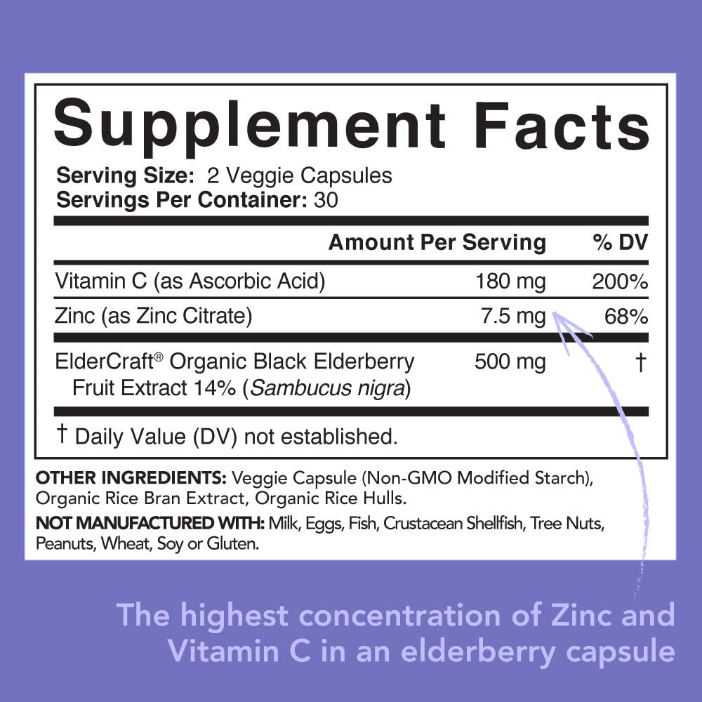 Elderberry Capsules with Zinc & Vitamin C | Women & Men's Daily Herbal Supplement for Immune Support | Made from Organic Black Elderberries (Sambucus) - 60 Veggie Capsules: Health & Personal Care