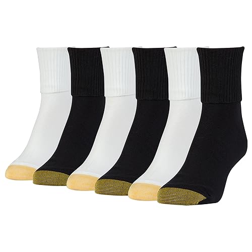 GOLDTOE Women's Classic Turn Cuff Socks, Multipairs, Black/White (6-Pairs), Shoe Size: 8-13