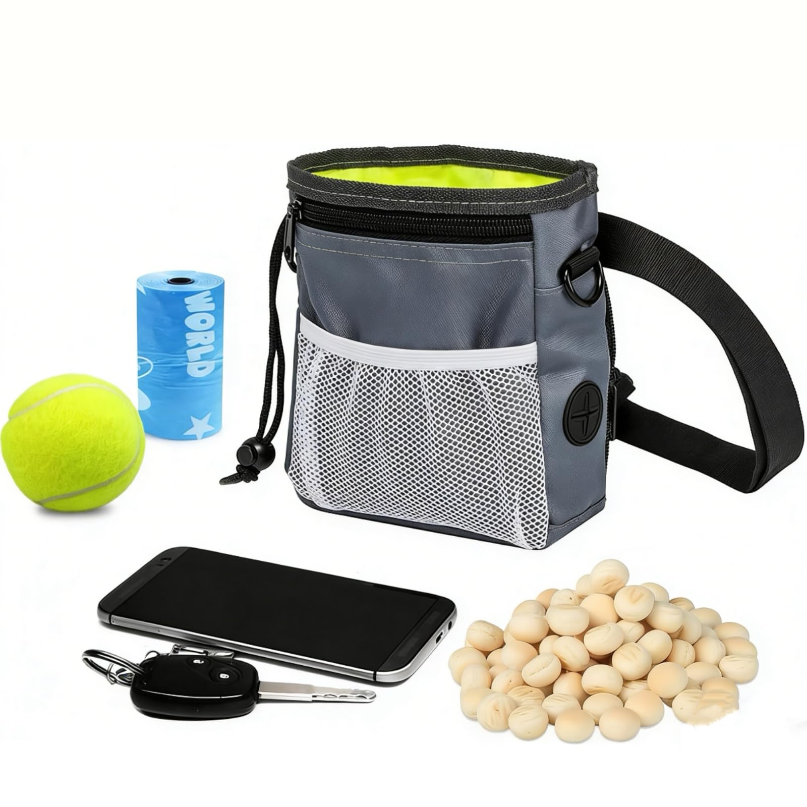 HANWELL Dog Treat Bag with Built-in Poop Bags Dispenser, Puppy Pet Training Walking Pouch with Adjustable Waist Belt & Shoulder Strap, Hands Free Carries for Running (Grey)