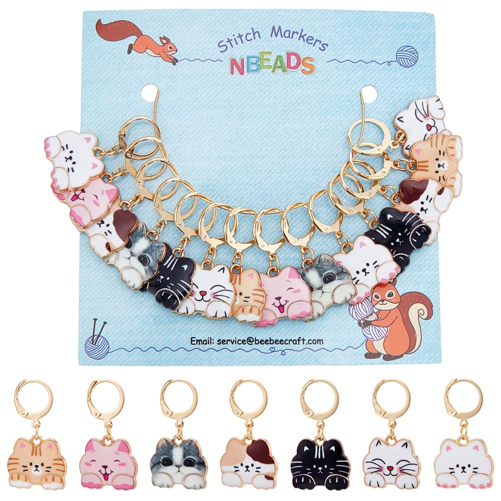 NBEADS 14 Pcs Cat Stitch Markers, Alloy Enamel Crochet Stitch Marker Charms Locking Stitch Marker with 304 Stainless Steel Clasp for Crochet Weaving Sewing Accessories Quilting Jewelry Making — image 1