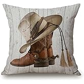 Solekla Western Cowboy Boots Throw Pillow Cover American Country Farm House Rustic Grey Wooden Decorative Pillow Case Cotton Linen Cushion Cover Decor 18x18 Inch Pillowcase for Home