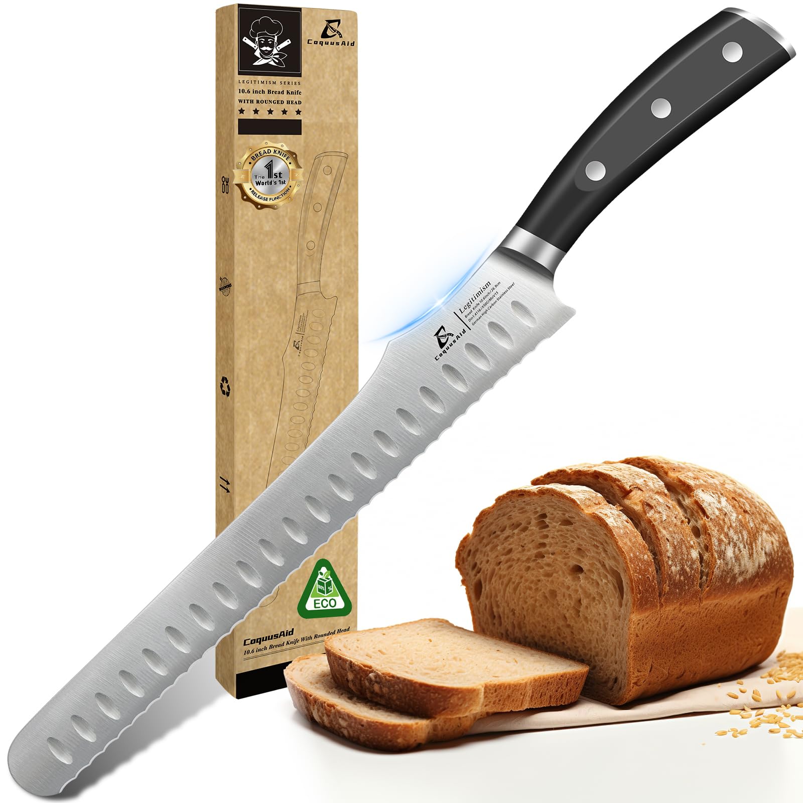 Photo 1 of CoquusAid Bread Knife for Homemade Bread, 10.6 Inch Multifunction Serrated Knife, Razor Sharp Slicer, Forged High Carbon German Steel, Full Tang Ergonomic Handle Design for Sourdough Turkey Fruit