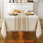 Laolitou Rustic Tablecloth Cotton Linen Waterproof Tablecloths Burlap Table Cloths for Kitchen Dining,Party,Holiday,Thanksgiving,Buffet Coffee Lines Square,55''x55'',4Seats