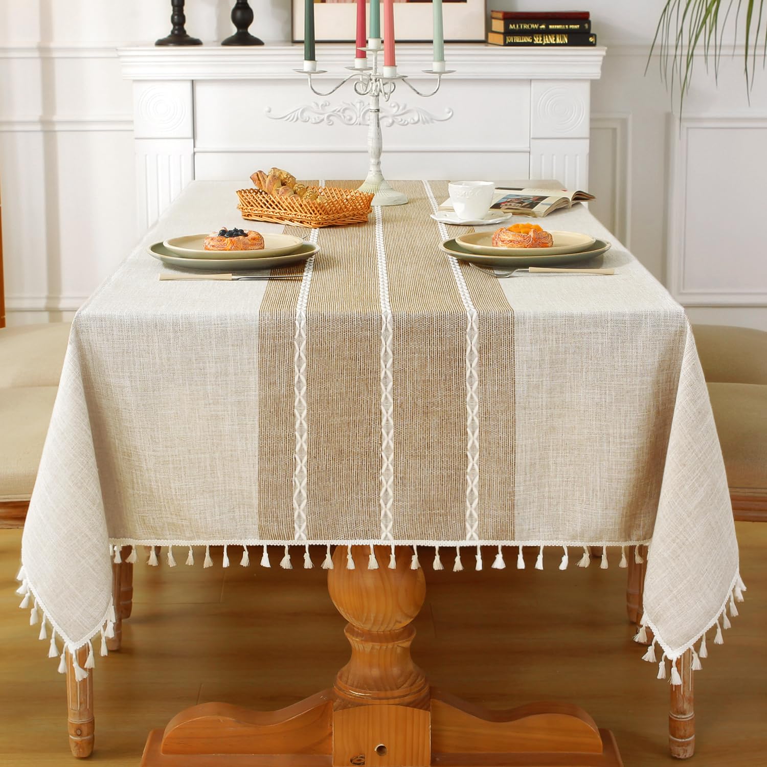 Photo 1 of Laolitou Rustic Cotton Linen Table Cloth,Tablecloths for 6 Foot Rectangle Tables,Waterproof Washable Tablecloth with Tassel Rectangle/Oblong, 55''x 86'', 6-8 Seats