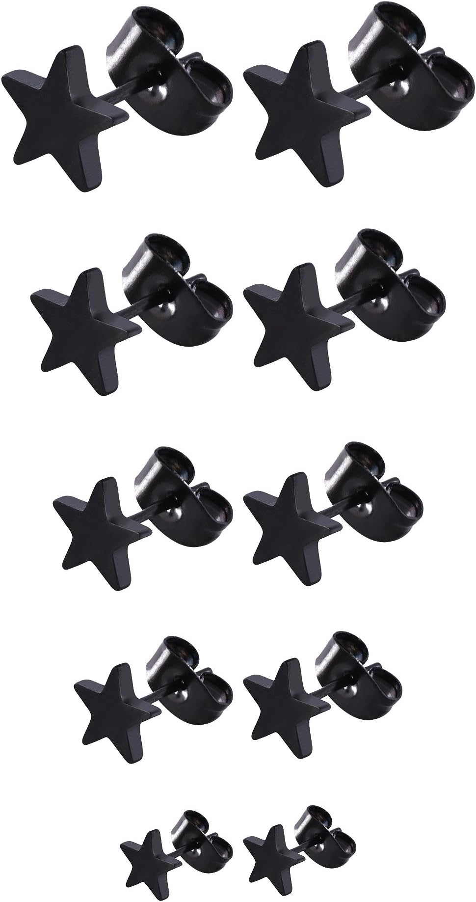 Mudder5 Pairs Stainless Steel Earrings Black Star Earrings for Men and Women, 3mm to 7mm, 18 Gauge, Stainless Steel, No Stone, Stainless Steel, without stone