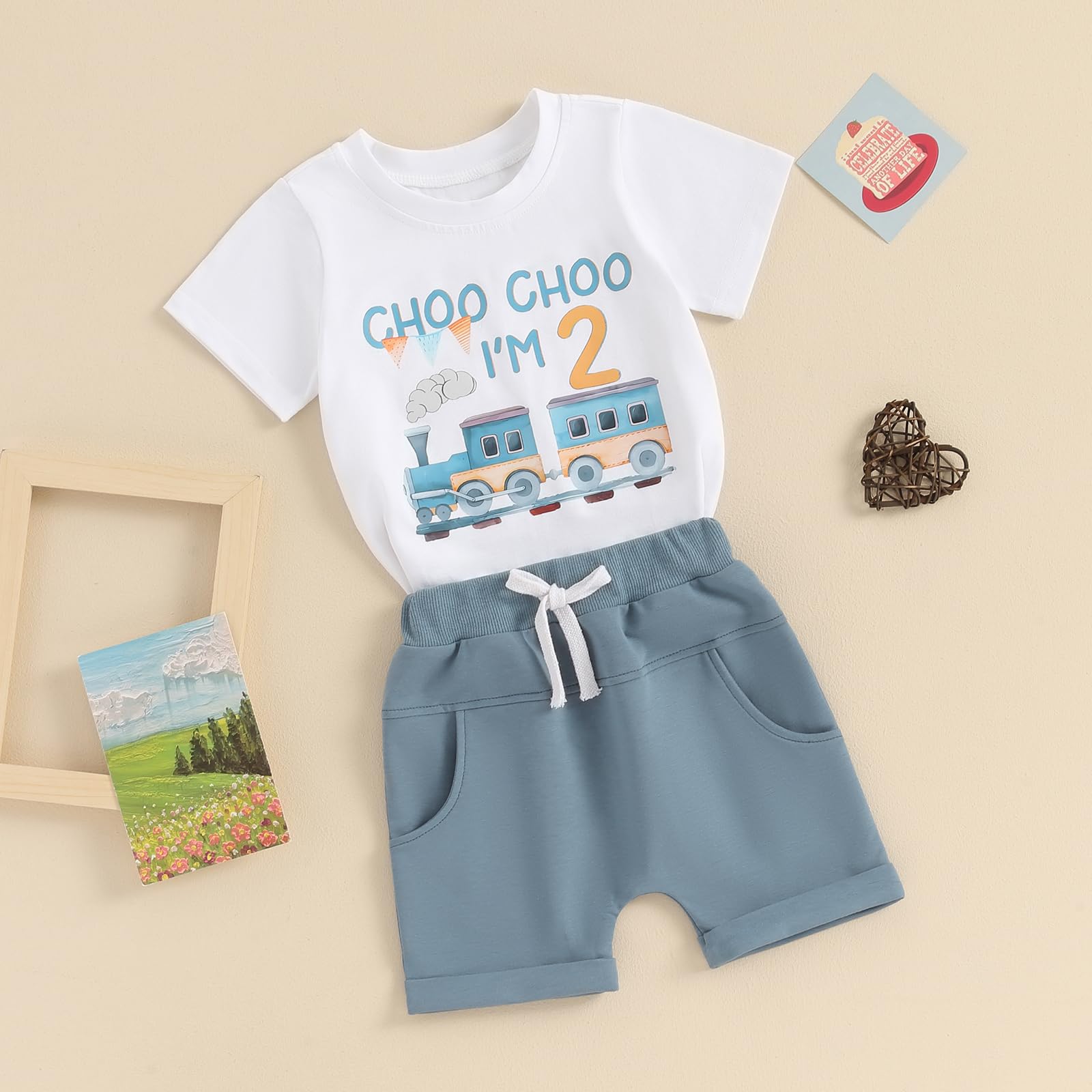 CREAIRY Toddler Baby Boy 2nd 3rd Birthday Outfit Choo Choo I'm Two Train Short Sleeve T-Shirt Tops Shorts Set Summer Clothes