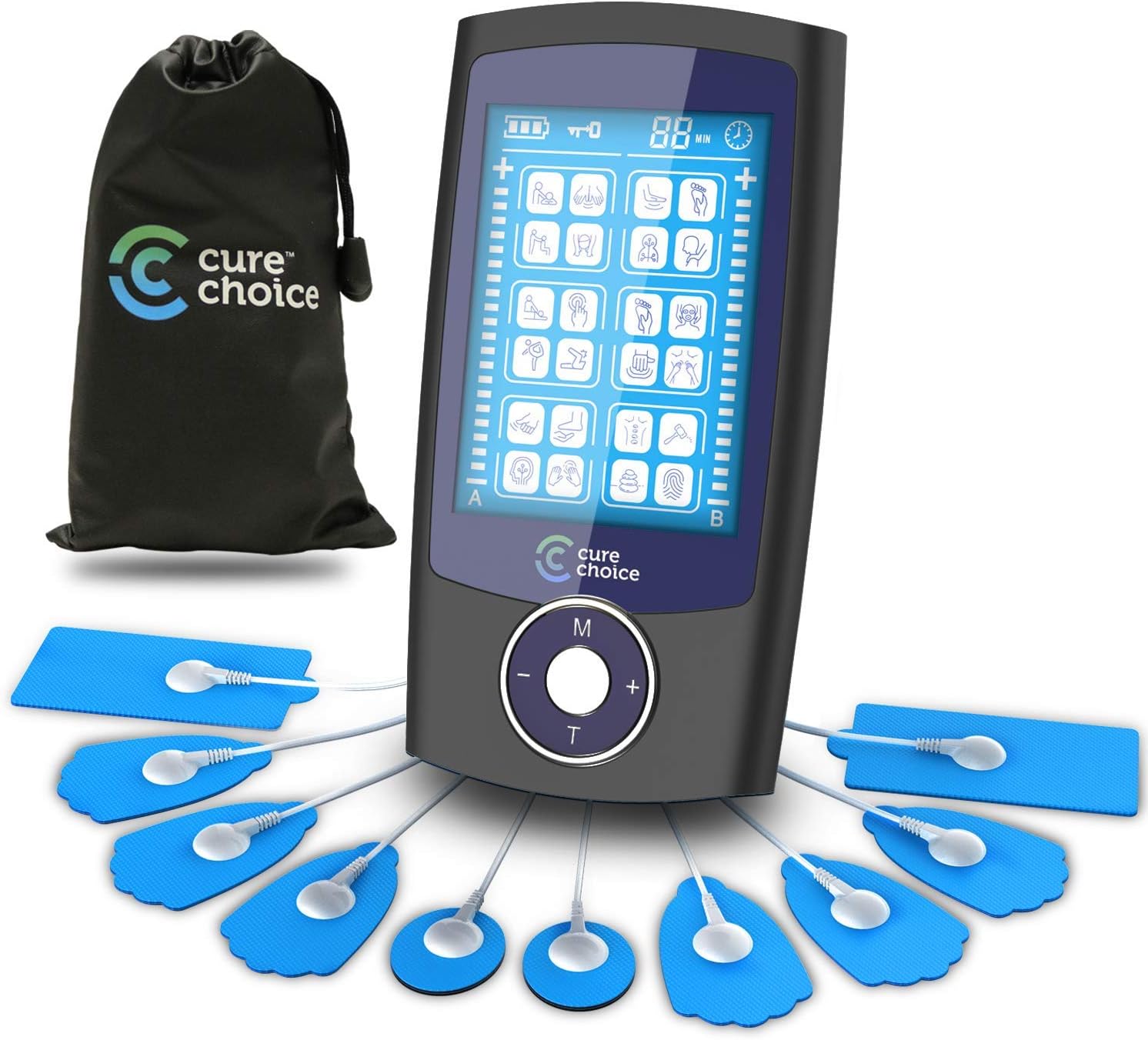 Cure Choice Dual Channel TENS + EMS Unit 24 Modes Unit Muscle Stimulator, Pulse Massager with 10 Electrode Pads + Storage Pouch for Muscle Pain Relief (Black): Health & Personal Care