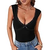 KIFOVEN Women’s Bodysuit Sexy Sleeveless Deep V Neck Lace Trim Slim Fit Basic Going Out Top