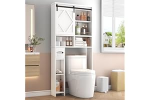 KNOWORLD Over the Toilet Storage Cabinet with Farmhouse Sliding Barn Door, Above Toilet Organizer with Toilet Paper Holder Stand, Behind Toilet Shelf, Space Saver for Restroom, Bathroom, Laundry, White
