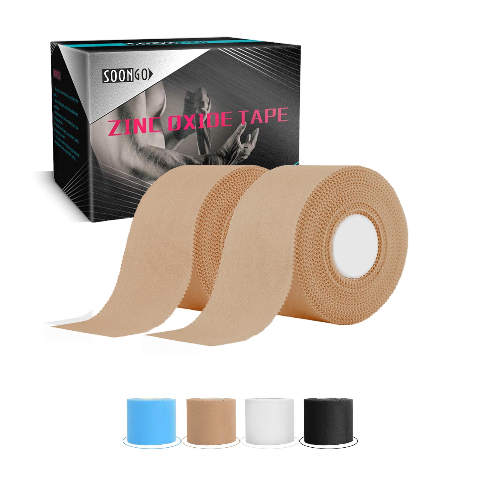 SOONGO Zinc Oxide Tape Non-Elastic Sports Strap 2 Rolls 3.8cm x 10m Beige Sports Tape Fixing Joints Viscosity Hypoallergenic Beige