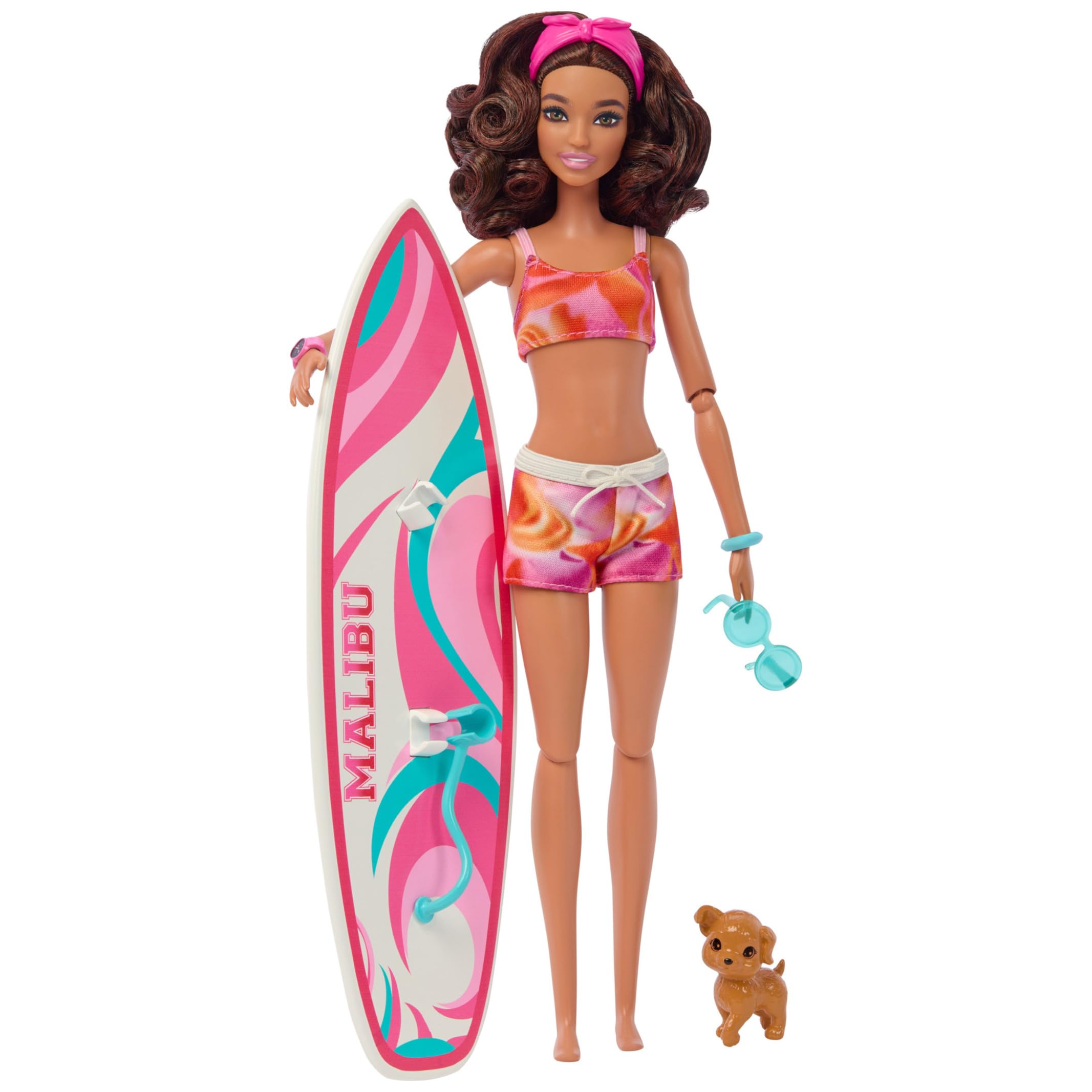 Barbie Doll with Surfboard and Pet Puppy, Poseable Brunette Barbie Beach Doll with Themed Accessories like Towel and Stereo, HPL69