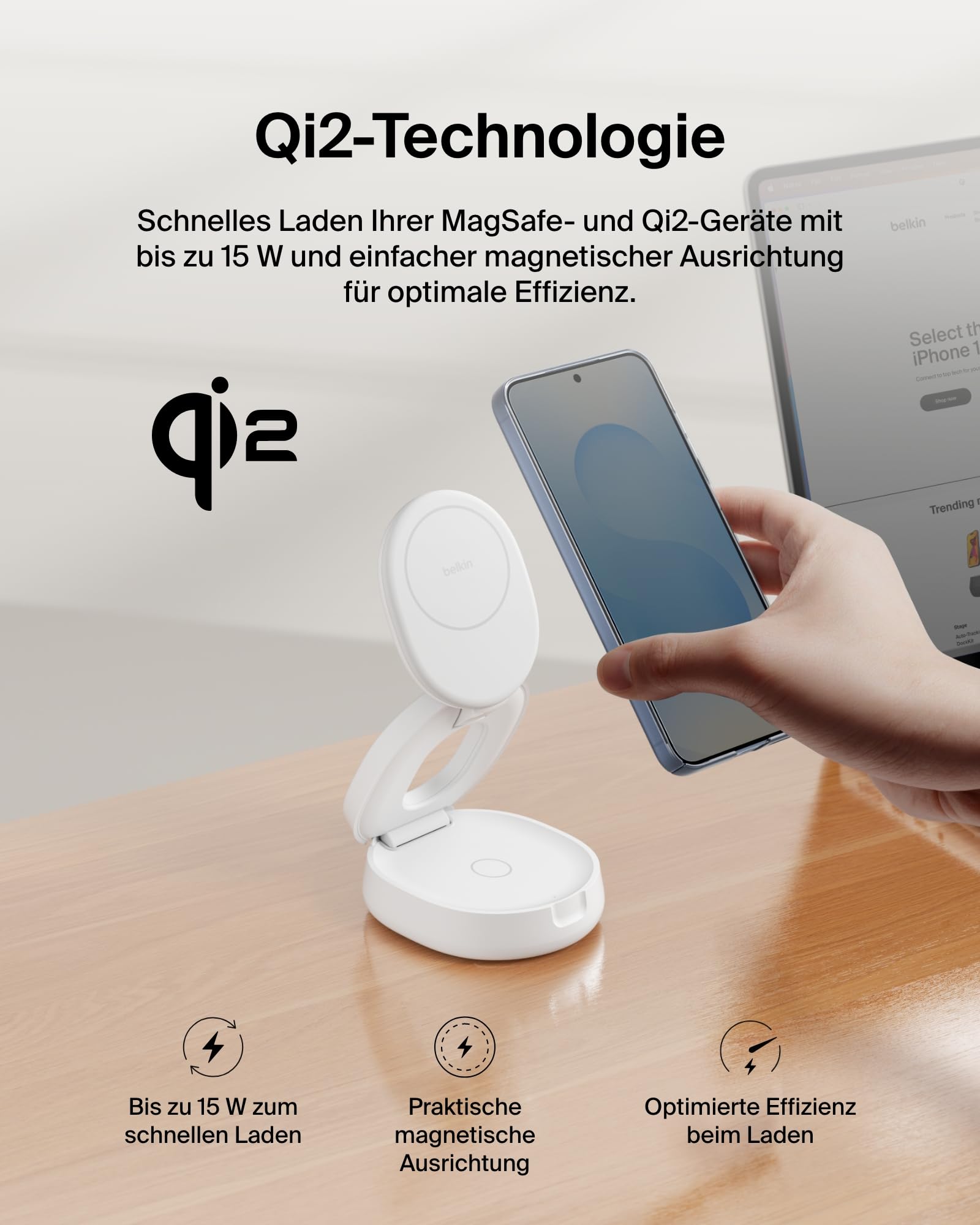 Belkin BoostCharge 2-in-1 Induktive Ladestation mit Qi2, 15W, MagSafe-kompatibles Ladegerät, Kabellose, Kompakte, Verstellbare, für iPhone 17, Air, 16, Pixelsnap, AirPods, inkl. 30-W-Netzteil – Weiß 4