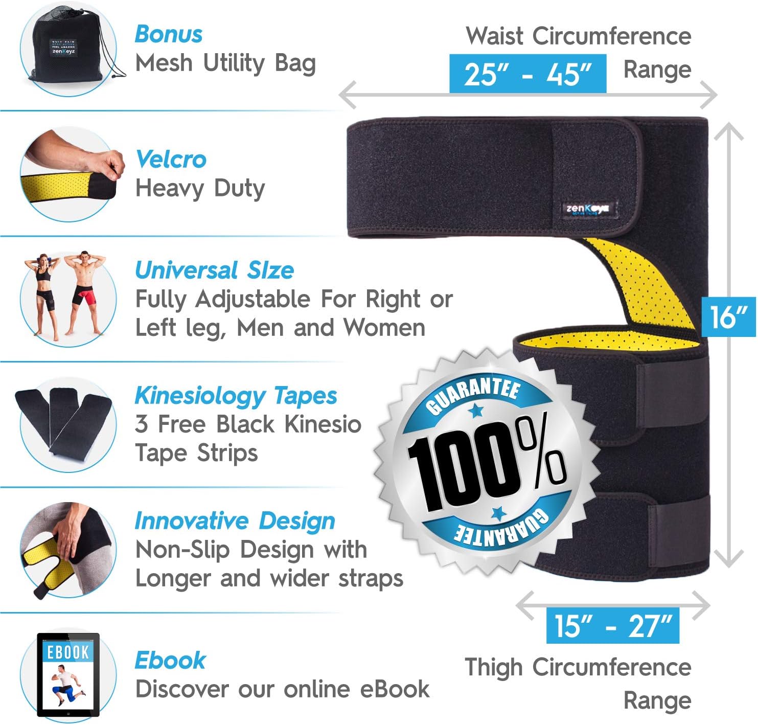 Groin Support and Hip Brace for Men & Women- Compression Wrap for Thigh Quad Hamstring Joints Sciatica Nerve Pain Relief Zenkeyz Leg Strap: Sports & Outdoors