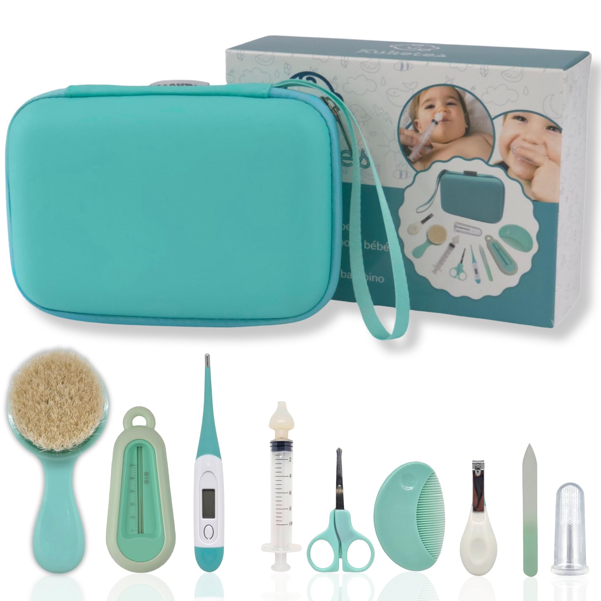 Kuketes - Newborn Baby Care Kit Complete with Nail Clippers, File, Scissors, Shower Thermometer, Baby Syringe, Brush, Comb and Pump. Travel Baby Toiletry Bag