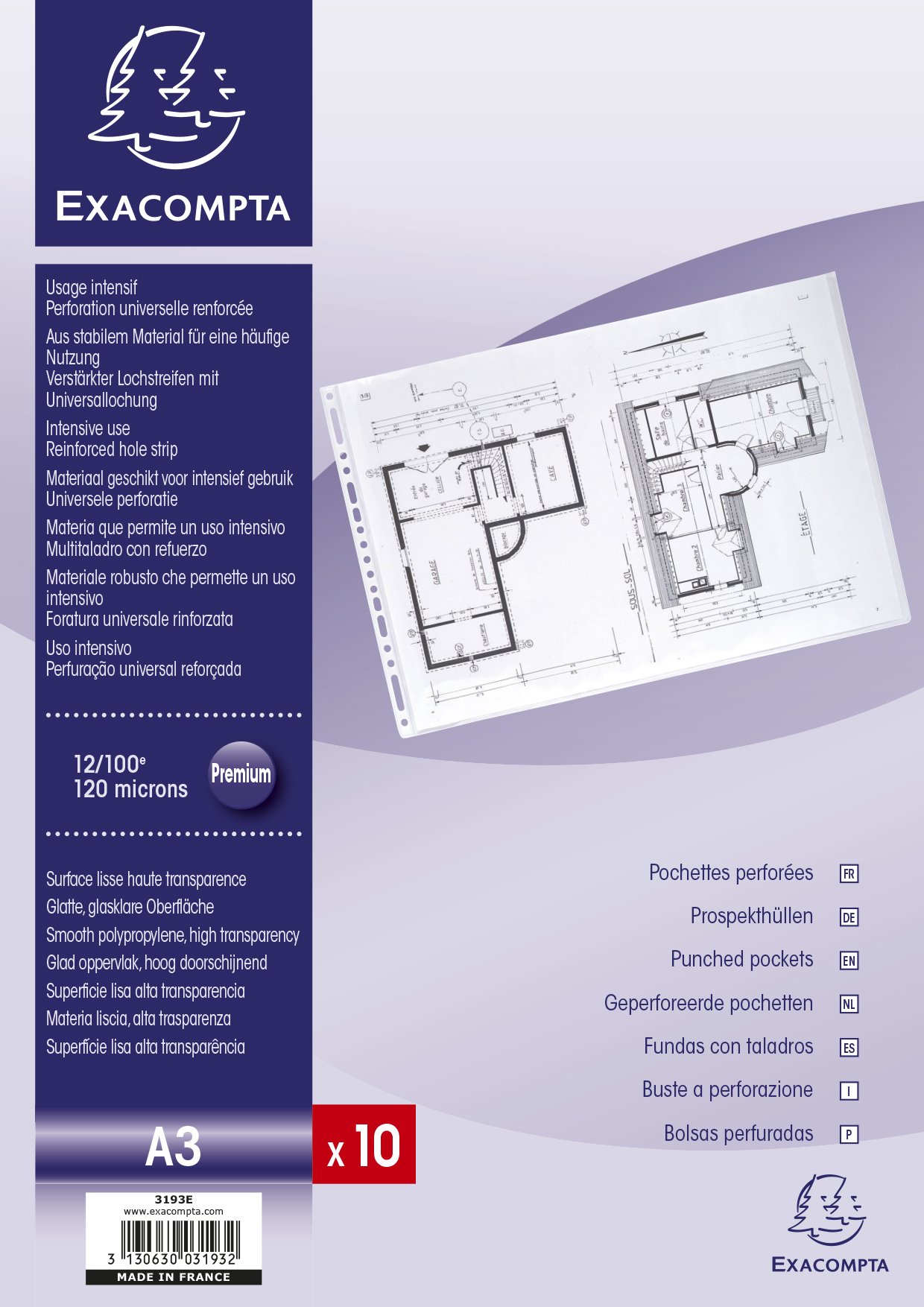Exacompta - Ref 3193E - Clear PVC Punched Pockets - Suitable for A3 Documents, Landscape Orientation, Top Opening, Reinforced Pre-Punched Side - Bag of 10
