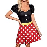 Women Halloween Short Puff Sleeve Elastic Waist Dress Holiday Aline Cosplay Party Miki Costume Black & Polka Red XL