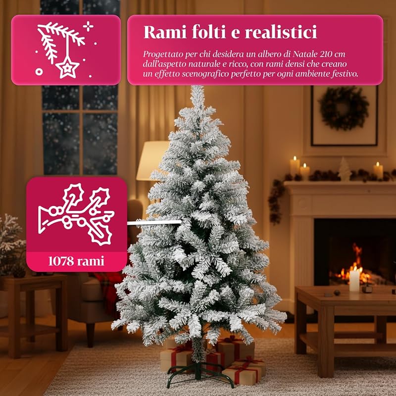 Albero di Natale Artificiale Innevato di 210 cm con 1078 Rami Folto. Perfetto per Interni, Pronto per Essere Decorato con Luci e Ornamenti Natalizi con Base in Metallo e Innesto Facile Ø 110 cm