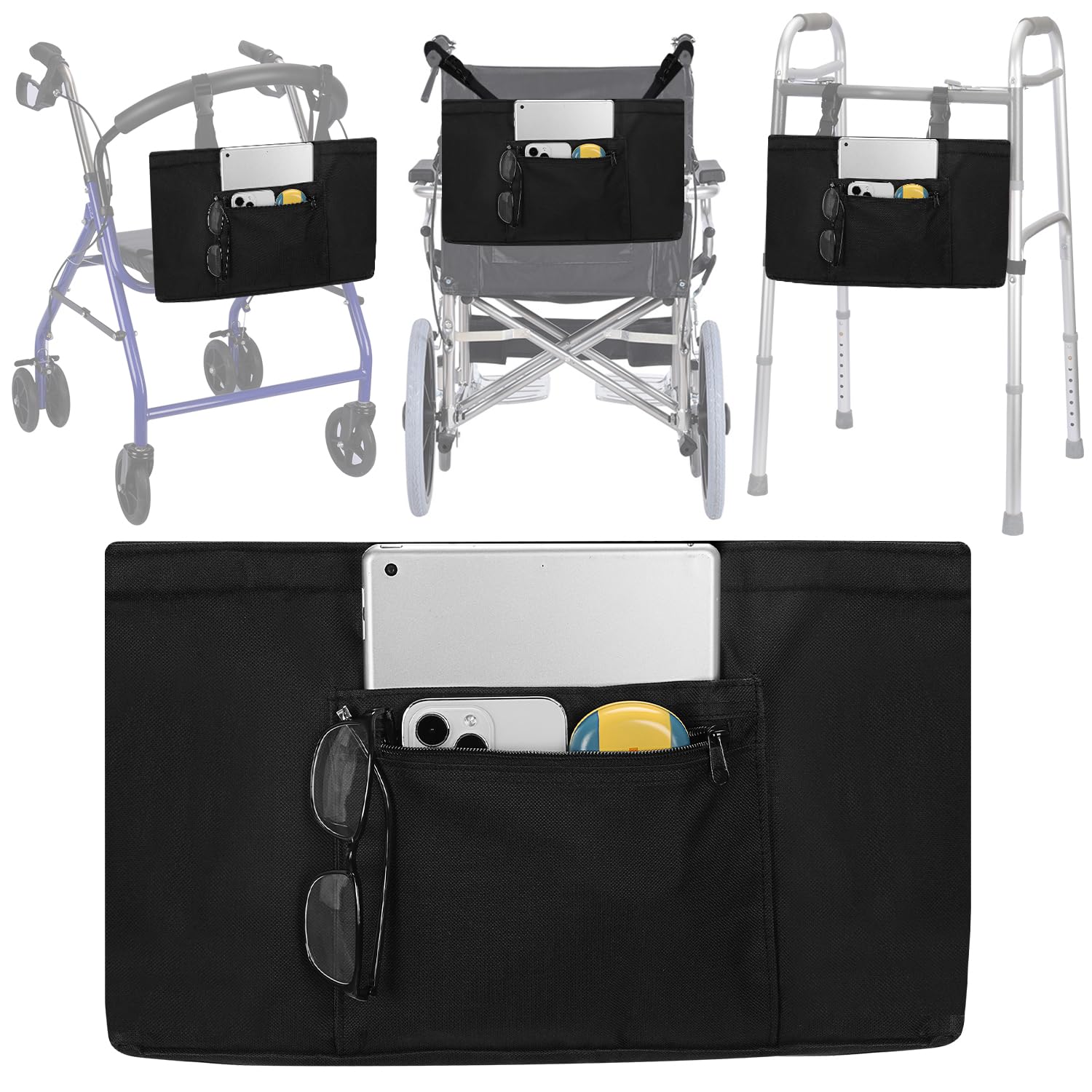 supregear Universal Accessories Bag for Walker, Wheelchair, Rollator, Scooters, Seniors Detachable Preserve Heat Cooler w/Cup Holder-Folding Walker Basket Waterproof Walker Caddy Pouch, Black