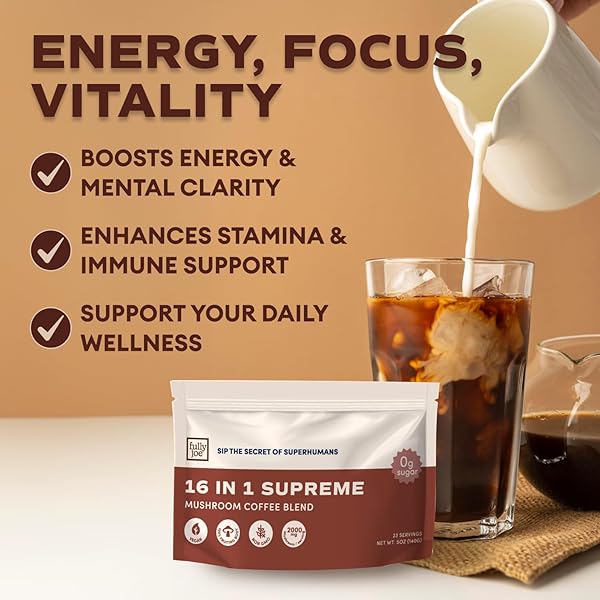 FULLY JOE MUSHROOM INSTANT COFFEE WITH 16 SUPERFOOD MUSHROOMS, INCLUDES LION’S MANE, REISHI, CHAGA, CORDYCEPS MIXED WITH GOURMET ARABICA INSTANT IMMUNE BOOSTING COFFEE FOR FOCUS & GUT HEALTH