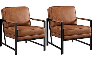Yaheetech PU Leather Armchairs, Retro Leisure Accent Chair with Extra Soft Padded and Cushion, 105 Degree Slant Back, Modern Reading Arm Chair for Living Room/Office/Bedroom/Study, 2pcs, Light Brown