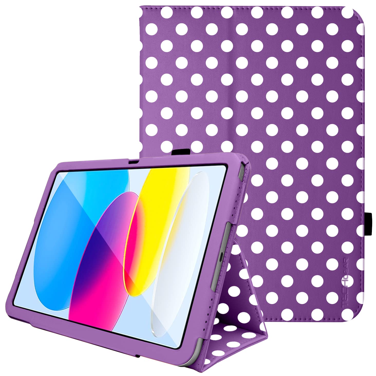 TECHGEAR Leather Case for Apple iPad 11th Gen (2025 A16) & 10th Gen (2022), PU Slim Folio Smart Cover with Stand, Hand Strap, Auto Sleep/Wake, for iPad 11" / iPad 10.9" [Purple Polka] — image 1
