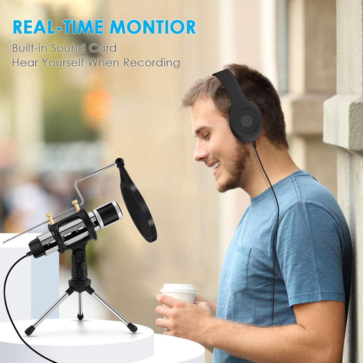 Studio Microphone, ZealSound Condenser Studio Microphone with Built-in Sound Card and Echo Effect, Vocal Recording Computer Microphone w/Tripod Stand for YouTube PC Laptop Tablet and Phone-Silver: Musical Instruments