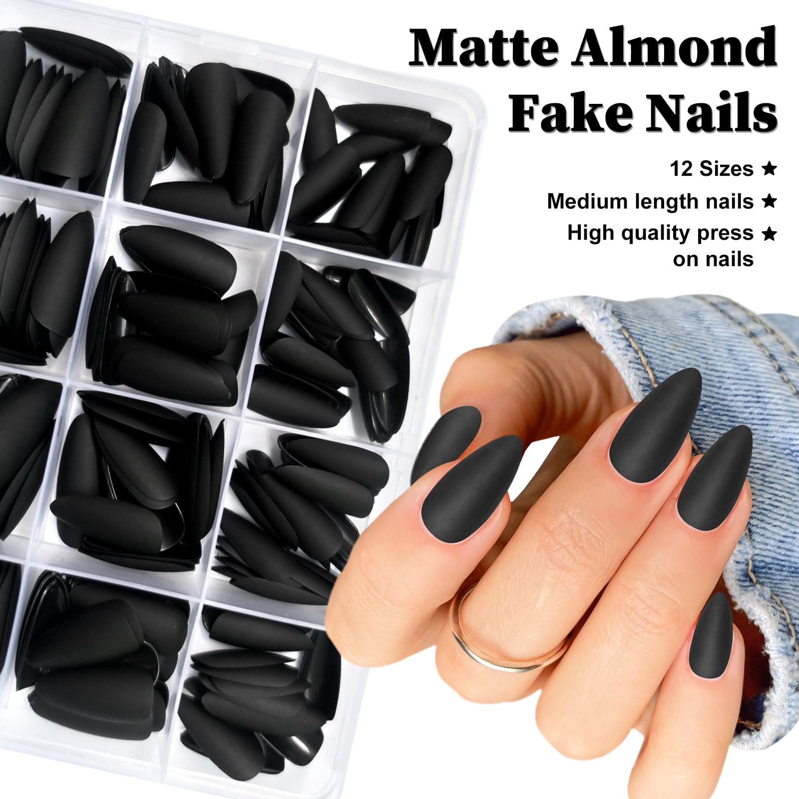 Lifextol 240PC Almond Press on Nails Medium Length Fake Nails Black Matte Almond Nails Press on Nail Short Stiletto False Nail Tips Colored Artificial Fingernail & Nail Glue Adhesive Tabs for Women - Image 4